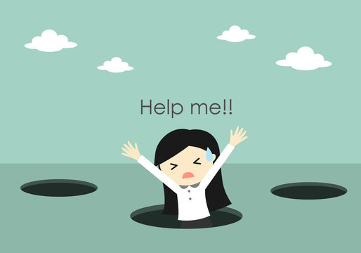 Business concept, Business woman fall into the hole and need help. Vector illustration.