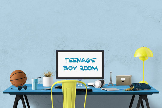 Trendy Teenage Boy Room - Mockup - Put Your Text On The Monitor 