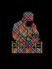 Welding with sparks designed using colorful pixels graphic vector.