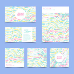 Creative trendy cards set. Wavy stripes, marble texture. Eps10 vector template.