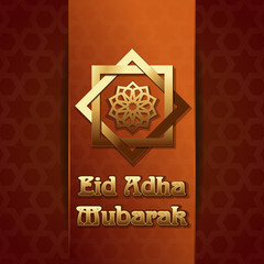 Eid Adha Mubarak. Eid al-Adha - Festival of the Sacrifice, also called the 'Sacrifice Feast' or 'Bakr-Eid'. Gold lettering on the background of the Arab pattern. Vector illustration