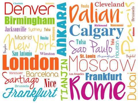 Cities in the world word cloud collage, travel destinations concept background