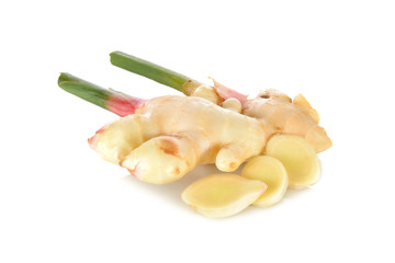 fresh young ginger with stem on white background