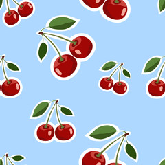 Pattern of red big cherry stickers different sizes with leaves on blue background