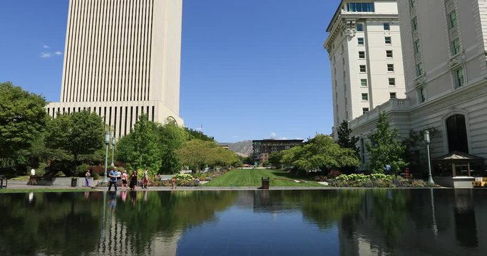LDS Mormon Church Temple Square Park Utah. Church of Jesus Christ of Latter-day Saints Headquarters. Historic Temple complete in 1893. Tabernacle and Pipe Organ. Membership 16 million.