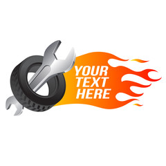 Wrench, car wheel with fire flame (car service emblem)
