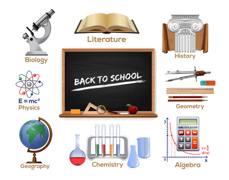 Set colored school subjects icons - biology, literature, history, geometry, geography, chemistry, mathematics, physics. School design. Back to school.  Vector icons isolated on white background