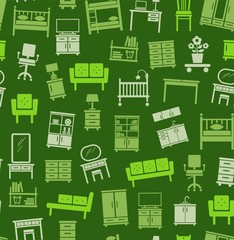 Furniture for house, background, seamless, green. Vector flat background with images of upholstered and Cabinet furniture. Light green image on a dark green background. 