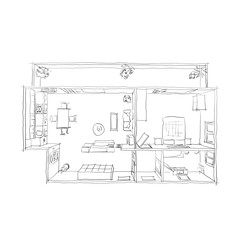 2d interior freehand sketch drawing plan view of furnished home apartment