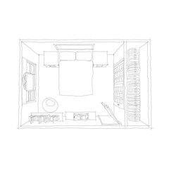 2D Freehand Sketch Drawing of interior roofless bedroom with wardrobe on white background