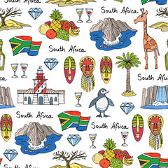 Vector seamless pattern with hand drawn colored symbols of South Africa - 118446567