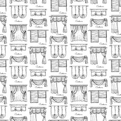 Vector seamless pattern with hand drawn curtains on white color