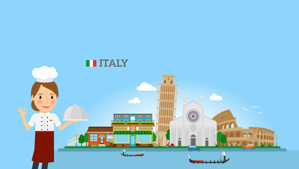 Italian Cuisine background with woman chef near Italy skyline. Vector illustration