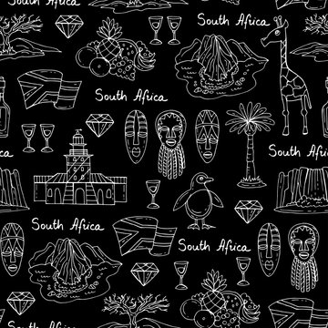 Vector seamless pattern with hand drawn isolated symbols of South Africa on black color