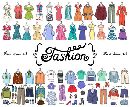 Vector set with hand drawn colored doodles on the theme of fashion