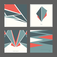 Beautiful collection of square cards, based on blue and red triangles and white background. Vector illustration with laconic design, good for print, isolated on dark background.