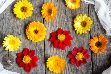 Obraz premium Calendula flowers on a dark wooden background