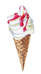 ice cream cone, berry topping. watercolor, handmade.