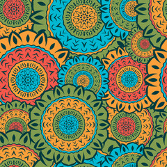 Seamless texture with colored round mandalas