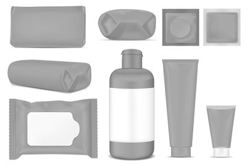 Big set. Black empty plastic packaging for fashion, cosmetics, h