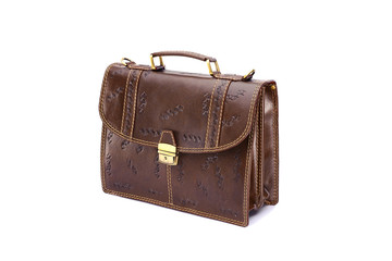 One  leather brown briefcase .Isolated on the white background.Men's business fashion accessories.
