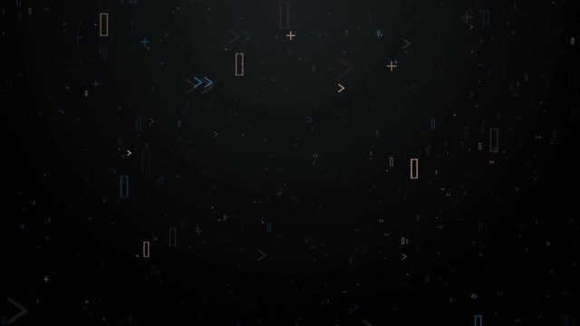 loopable 3d rendering moving particle background, particles are made of symbols that has random size, opacity and lifetime