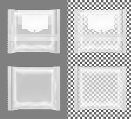 Transparent package with flap for snacks, food, chips, cheese.