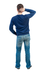 back view of standing business man. Young businessman scratches his head in amazement. Rear view people collection.  backside view of person.  Isolated over white background. bearded man in blue