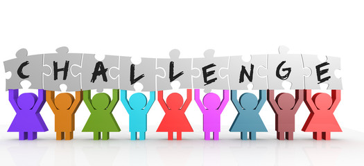 Nine people hold puzzle with challenge word