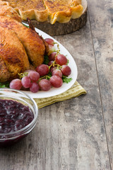 Thanksgiving dinner on rustic wooden background


