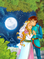 Cartoon scene with cute princes in the forest near the castle - beautiful manga girl - illustration for children