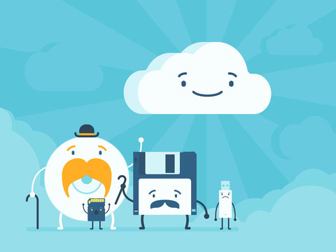 Old memory storages and cloud data service. Cartoon flat design vector conceptual illustration