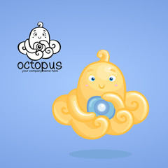 Little yellow baby octopus photographer character with a camera on blue background. Logo for children photo studio. 