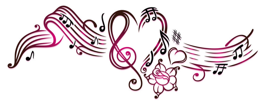 Notenblatt mit Musiknoten, Notenschl&uuml;ssel, Rose und Herz, cherry red.