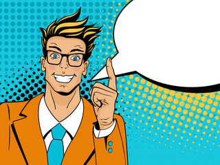 Wow pop art man. Young surprised man in glasses with open smile, raised index finger and speech bubble. Vector illustration in retro comic style. Colorful pop art background. © irina_levitskaya