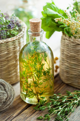 Bottle of thyme essential oil or infusion and basket with healin