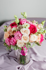 Vintage floristic background, colorful roses Hydrangea eucalyptus on fabric. Mom's birthday