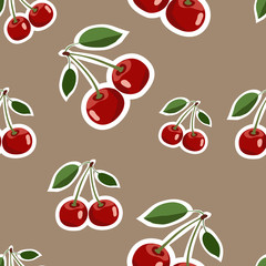 Pattern of red big cherry stickers different sizes with leaves on brown background