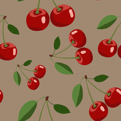 Pattern of red cherry with leaves on brown background