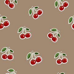 Pattern of red small cherry stickers same sizes with leaves on brown background