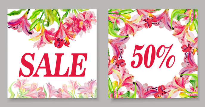 Floral frame Sale ,flowers, numeric. Watercolor price discount poster