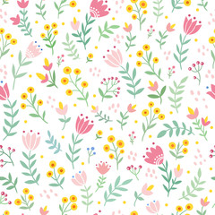 Vector seamless illustration with wild flowers and tulips. Floral pattern.