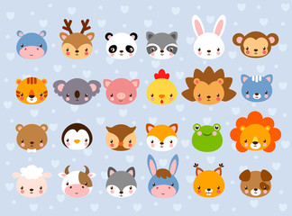 Big vector set with animal faces. Collection of cute baby animals in cartoon style on a blue background. Wild and domestic animals.