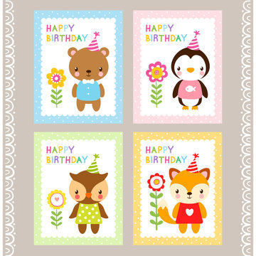 Holiday stamps with animals. Cards with animals in cartoon style. Vector illustration of children s wildlife. A set of pictures. Birthday card.