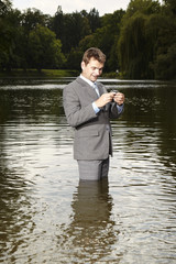 It is funny to take a bath in suit