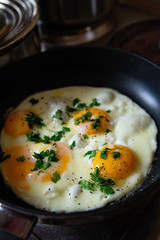 Freshly fried eggs on a pan with herbs ready to be served for breakfast. - 118456962