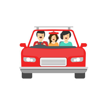 Happy family inside car driving vector illustration isolated on white background, flat cartoon people together drive auto with smiling faces, concept of family trip, journey,