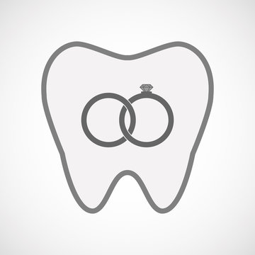 Isolated line art tooth icon with  two bonded wedding rings