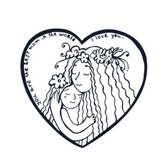  Mother with daughter. Line illustration. Hand drawn postcard with mother and daughter hugging inside heart.