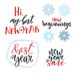 New Year calligraphic lettering set. Vector design for greeting prints. New Year Sale. New Beginnings